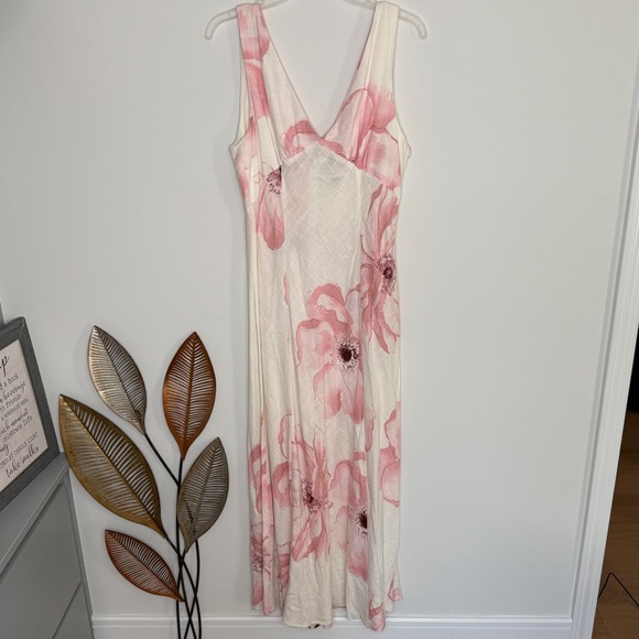Paper Heart Dresses & Skirts - Paper Heart Pink Floral Linen Blend V-Neck Maxi Dress White Cottagecore Garden L